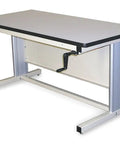 Heavy Duty Height Adjustable Workbench With ESD Resistant Laminate Top And Smart Foldaway Crank 60 By 30 Shop Table, gray and light blue.