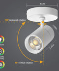 Diagram showing Three Color Temperature Dimmable Ceiling Spotlight Kit with Adjustable Directional LED Lights dimensions and rotation.
