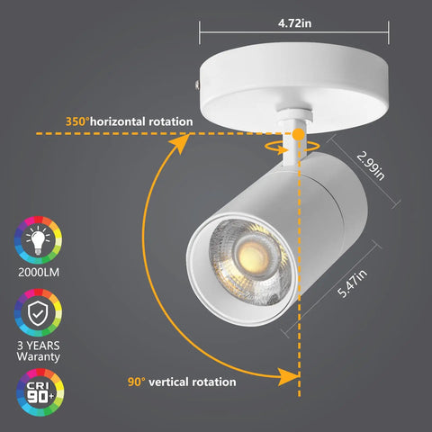 Diagram showing Three Color Temperature Dimmable Ceiling Spotlight Kit with Adjustable Directional LED Lights dimensions and rotation.