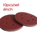 Premium 6 Inch Hook And Loop Sandpaper Discs Set, two anti-clogging aluminum oxide sanding discs, each with holes for dust removal.