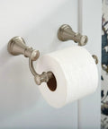 Brushed Nickel Pivoting Toilet Paper Holder With Easy Mount System in bathroom setting, Model YB6408BN.
