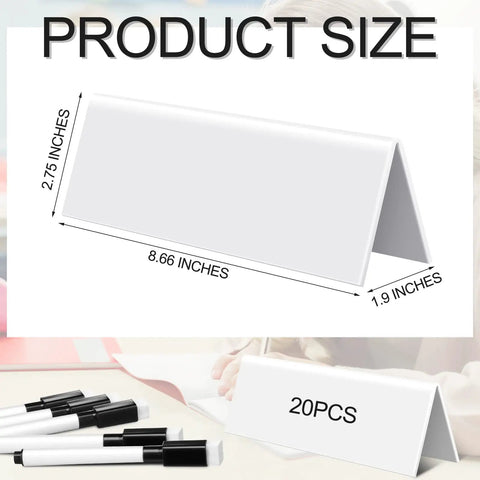 20 Pack Dry Erase Name Tent Cards With Black Markers No Fuss Wipe Clean Reusable Desk Tags For Classroom Office Conferences Meetings And Weddings 8.7 X 2.8 X 1.9 Inches illustrated with size details, markers and packaging.