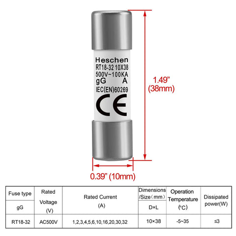 Industrial Grade Cylindrical Ceramic Fuse 10x38mm 1A 500V AC 100kA Gg Fast Acting Replacement for DIN Rail Control Panels