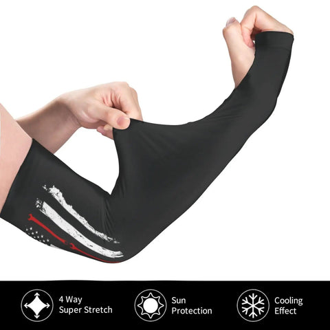 Premium Ice Silk Cooling Arm Sleeves Featuring A Classic American Flag Design, showing stretched fabric for UV defense.