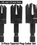 Straight Up Heavy Duty Tapered Plug Cutters Three Piece HSS Set featuring 1/4, 3/8, and 1/2 inch sizes for precise cuts.