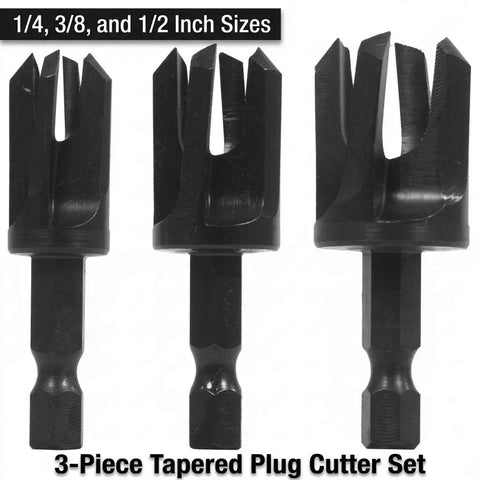 Straight Up Heavy Duty Tapered Plug Cutters Three Piece HSS Set featuring 1/4, 3/8, and 1/2 inch sizes for precise cuts.