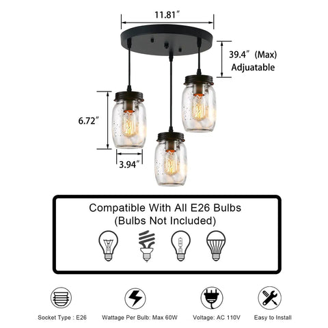 Three Light Mason Jar Pendant Chandelier For Farmhouse Kitchen And Dining Room, Adjustable Ceiling Light Fixture With Glass Jars