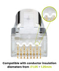 Front view of Cat6 Cat6A RJ45 Pass Through Modular Plugs Shielded STP Ground Connector UL Listed EZ Crimp Gold Plated 3 Prong 8P8C