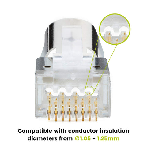 Front view of Cat6 Cat6A RJ45 Pass Through Modular Plugs Shielded STP Ground Connector UL Listed EZ Crimp Gold Plated 3 Prong 8P8C