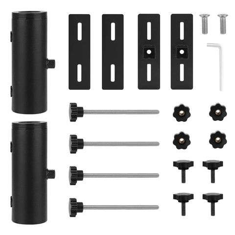 Rugged Deck Railing Umbrella Stand Clamp For Patio with screws, brackets, hex key, and knobs in black for outdoor use.