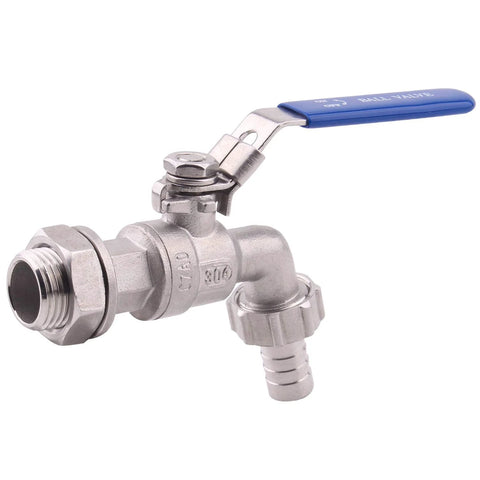 Front view of a 1/2-inch stainless steel ball valve with blue handle and hose barb outlet