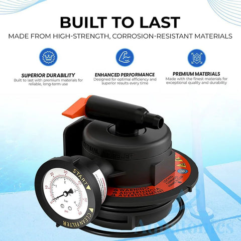 Manual air-relief valve assembly with pressure gauge and O-rings; black valve with orange lever