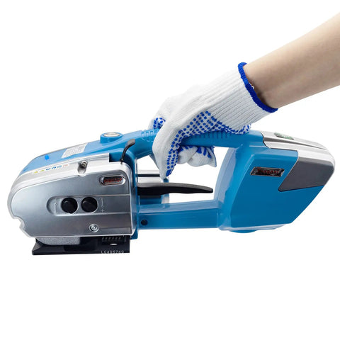 Electric Strapping Machine For Half To Five Eighths Inch Wide PP PET Straps Auto Heat Melt Sealer Dual 4000mAh Batteries in hand