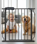 Walk Through Baby Gate For Stairs Expands From 29 To 34 Inches Wide Pressure Mounted Safety Gate With Door shown with toddler and dog