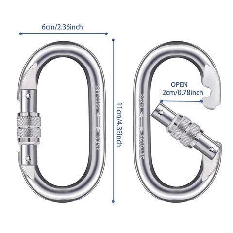 Ultra Strong Carabiner Clips O Shaped Screwgate 25kN 5600Lbs 2 Pack Heavy Duty Locking Carabiners with dimensions