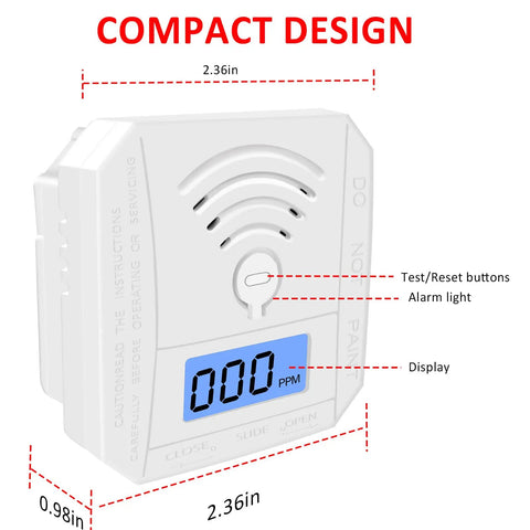 Battery Powered Carbon Monoxide Detector With LCD Display And Loud Alarm CO Monitor showing compact design and dimensions