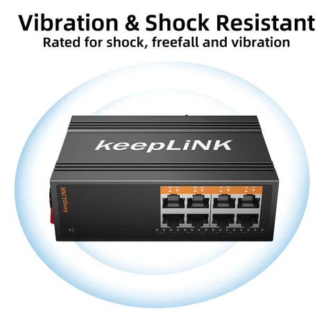 Industrial 8 Port Gigabit DIN Rail Switch Unmanaged With IP40 Protection highlighting anti-vibration and shock resistance features.