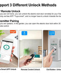 WiFi Tuya Access Control Magnetic Door Lock Kit With Remote And App Control, showing app interface, remote, and exit button