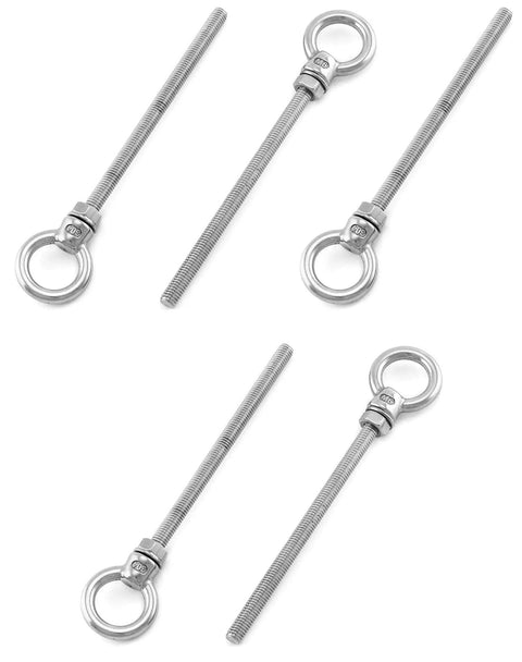 Five Pack One Quarter Inch By Four Inch Stainless Steel Marine Grade Shoulder Eyebolts For Ropes And Cables Outdoor DIY Beefy Heavy Duty Anchoring Rust Resistant And Corrosion Proof Easy To Install arranged diagonally