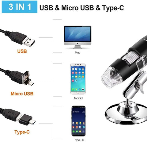 USB Digital Microscope 1600x Magnification With 8 LED Lights And Metal Stand Endoscope Camera For Windows Mac Android Plug And Play Phone Or Computer Compatible Driver Free HD CMOS Sensor, 3-in-1 USB Micro USB Type-C