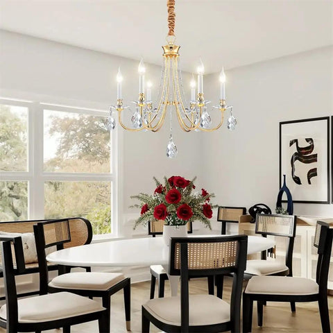 Gold Farmhouse Crystal Chandelier For Dining Room And Kitchen Island, 6 Light French Country Ceiling Fixture