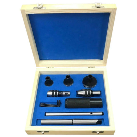 Pro 8-Piece Mt2 Lathe Tailstock Tap And Die Holder Combo Kit With Precision Morse Taper Shank, Full Tapping Set, Stop Handle, Premium Wooden Box For Serious Machinists open wooden case with blue foam and lathe tapping tools