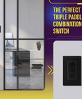 Black Triple Paddle Decorator Light Switch Single Pole 15A Residential Grade That Lets You Run Three Lights From One Location Shallow Body Fits Standard Junction Boxes Durable Polycarbonate Thermoplastic Construction on wall
