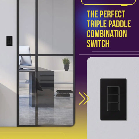 Black Triple Paddle Decorator Light Switch Single Pole 15A Residential Grade That Lets You Run Three Lights From One Location Shallow Body Fits Standard Junction Boxes Durable Polycarbonate Thermoplastic Construction on wall