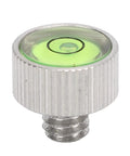 Chiyyak Camera Spirit Level for DSLR and Mirrorless Cameras Compact Stainless Steel Adjustable spirit level top view with green bubble.
