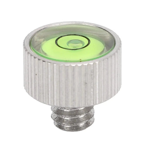 Chiyyak Camera Spirit Level for DSLR and Mirrorless Cameras Compact Stainless Steel Adjustable spirit level top view with green bubble.