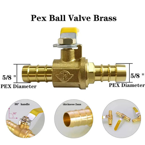 5/8 Inch PEX Brass Ball Valve Pack Of 2 For Cold And Hot Water Shut Off Push To Connect, Tool Free Install, Easy No Soldering Or Crimping