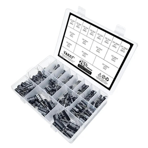 Massive 265 Piece 25V Aluminum Electrolytic Capacitor Kit With 15 Values From 10uF To 3300uF For Electronics Projects, case open