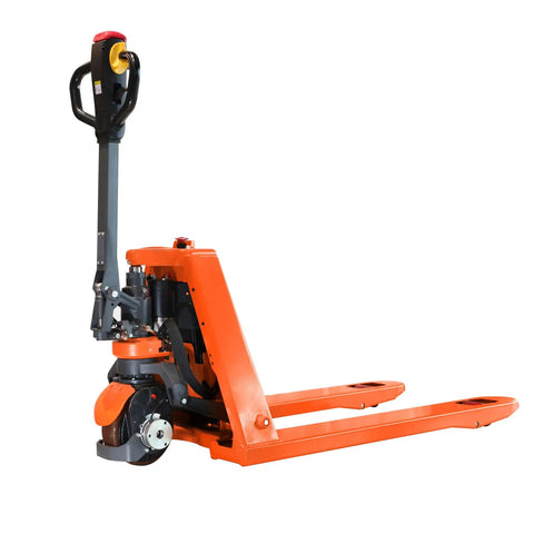 Rock Solid Fully Electric Pallet Jack With A Massive 3300 Lb Capacity And Quick-Charge Lithium Battery for smooth warehouse moves, side view.