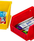 Space Saving Stackable Plastic Storage Bins For Garage And Pantry, Heavy Duty Yellow 5x4x3 Inches, 24 Pack with items inside