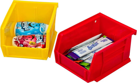 Space Saving Stackable Plastic Storage Bins For Garage And Pantry, Heavy Duty Yellow 5x4x3 Inches, 24 Pack with items inside