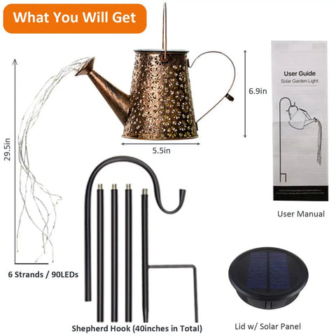 Solar Garden Lights Outdoor Hanging Lanterns With Waterproof IP65 Design kit, showing copper lantern, solar lid, and accessories.