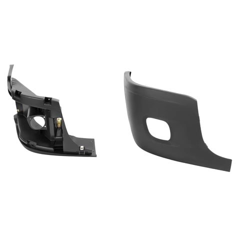 Front bumper end cap and reinforcement, two-piece black plastic for 2008–2017 Freightliner Cascadia passenger side