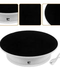 Sleek Electric Rotatable Jewelry Display Stand Turntable with high capacity bearing, white base and black velvet surface.
