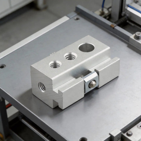 Super Slick Silver Aluminum Camping Table Clip Slider Igt Compatible Multi Hole Adapter on a workbench.