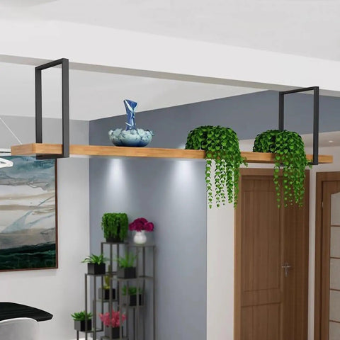 Built Like A Tank Heavy Duty Floating Shelf Brackets, Ceiling And Wall Mount Metal Pipe Supports With Rich Gold Finish, 11 By 20 Inch Wrought Iron Hardware For Knockout Displays with plants and decorations.