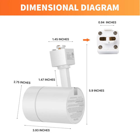 Dimensional diagram of J Type Dimmable LED Track Light Heads That Shine Bright, 12W Per Head, 800 Lumen Output, CRI90, 3000K Soft White