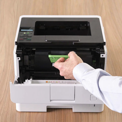Office Printing Powerhouse Fast 50 Pages Per Minute Monochrome Laser Printer With Wireless Networking And Duplex Auto-Printing Packed With Advanced Security Features For High-Volume Business Tasks, close-up of toner installation