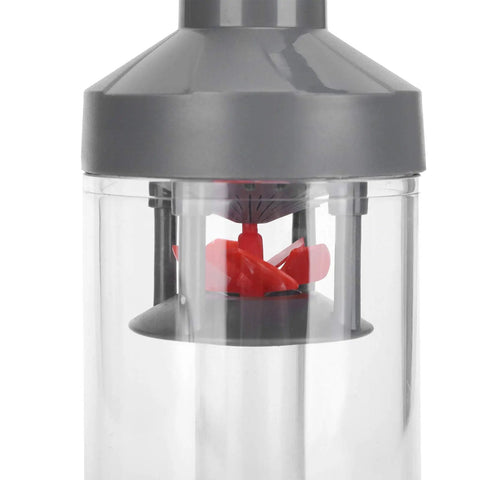 Close-up of Ultra Quiet Aquarium Submersible Pump With Three Stage Filtration System showing clear casing and red impeller.