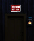 Badass 2 Pack 10X7 Emergency Exit Only Signs Heavy Duty Rust Free Aluminum on wall near door and lantern.