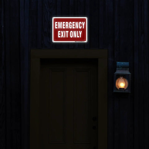 Badass 2 Pack 10X7 Emergency Exit Only Signs Heavy Duty Rust Free Aluminum on wall near door and lantern.