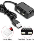 7.4V LiPo Battery Charger 2 in 1 USB Cable with XH3P Plug, dual 7.4V output ports for RC Cars 2S Batteries and more.