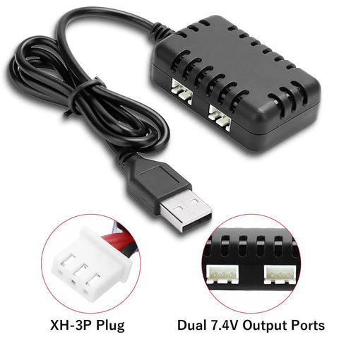 7.4V LiPo Battery Charger 2 in 1 USB Cable with XH3P Plug, dual 7.4V output ports for RC Cars 2S Batteries and more.