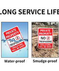 2 Pack Heavy Duty Private Property Signs No Trespassing Violators Will Be Shot Reflective Outdoor Yard Defender Weatherproof Metal Fence Posts Keep Yer Backside Off Turf showing waterproof and smudge-proof features.