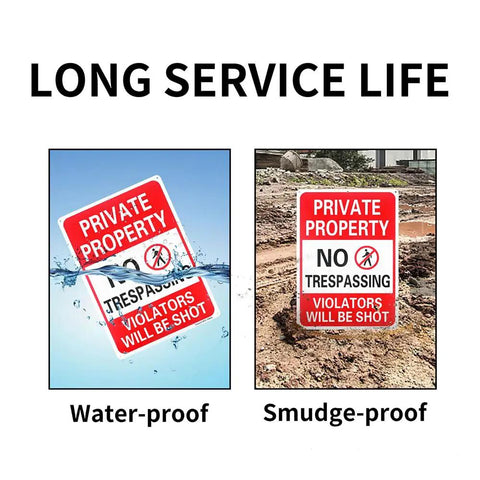 2 Pack Heavy Duty Private Property Signs No Trespassing Violators Will Be Shot Reflective Outdoor Yard Defender Weatherproof Metal Fence Posts Keep Yer Backside Off Turf showing waterproof and smudge-proof features.