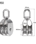 M50 Double Sheave Pulley Block 304 Stainless Steel Swivel Rigging Lifting Wheel Fixed Pulley, 400kg load, dimensions shown